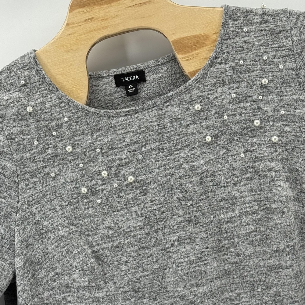 Tacera‎ Sweater Tunic Dress 1X Gray Pearl Embellished 3/4 Sleeve Grandmachic
